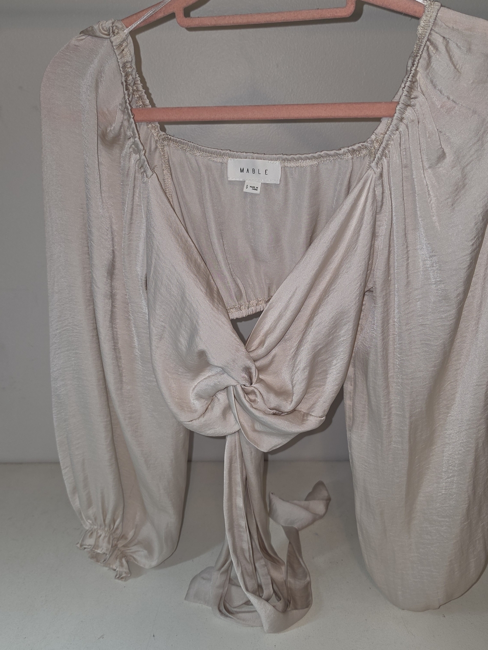 MABLE Cream Satin Tie-Front Long Sleeve Blouse